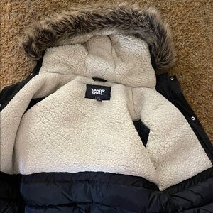 Lands' End Kids Black Down Puffer Jacket with Faux Fur Trim